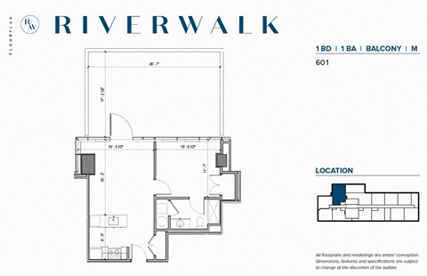 Floor plan for 1 bed, 1 bath, 655 sqft